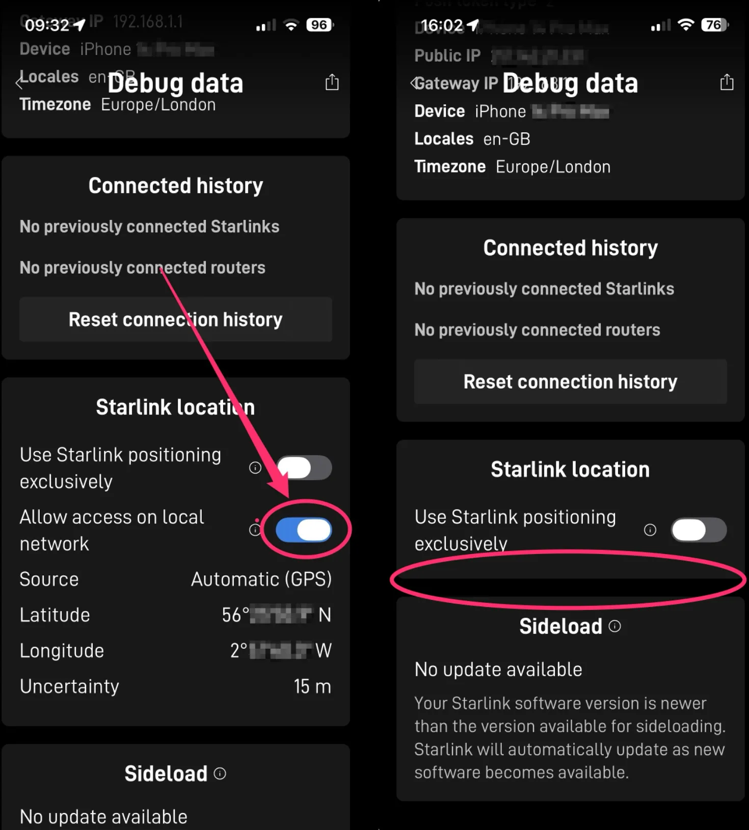 Starlink app before and after: the location toggle has been removed