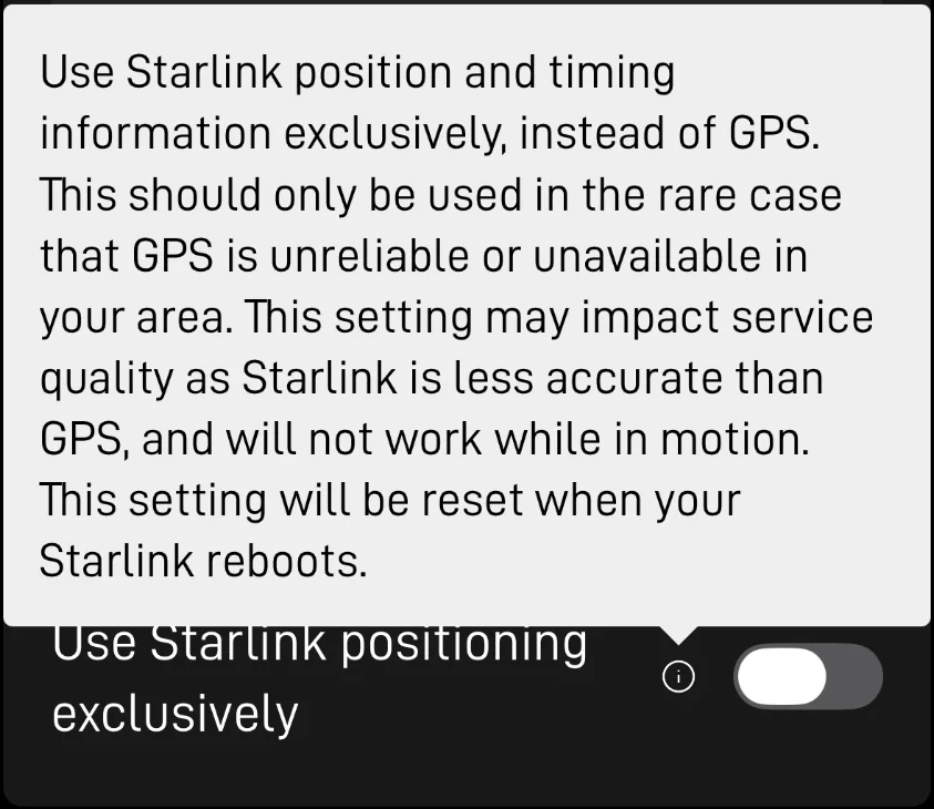 The Starlink app's setting to use Starlink positioning instead of GPS